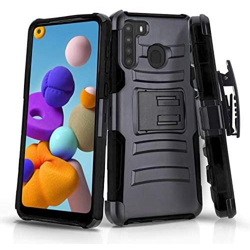 CasemartUSA Phone Case for [Samsung Galaxy A21], [Refined Series][Black] Shockproof Cover with Built-in Kickstand & Belt Clip Holster for Samsung Galaxy A21 (Verzion, Boost Mobile, T-Mobile, Metro)