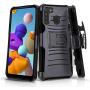 CasemartUSA Phone Case for [Samsung Galaxy A21], [Refined Series][Black] Shockproof Cover with Built-in Kickstand & Belt Clip Holster for Samsung Galaxy A21 (Verzion, Boost Mobile, T-Mobile, Metro)