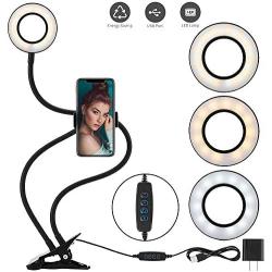 Selfie Ring Light with Flexible Arms Mobile Phone Holder Lazy Bracket Desk Lamp LED Camera Lighting[3-Light Mode, 10-Level Brightness] for Live Stream Makeup Office Compatible with iPhone/Android