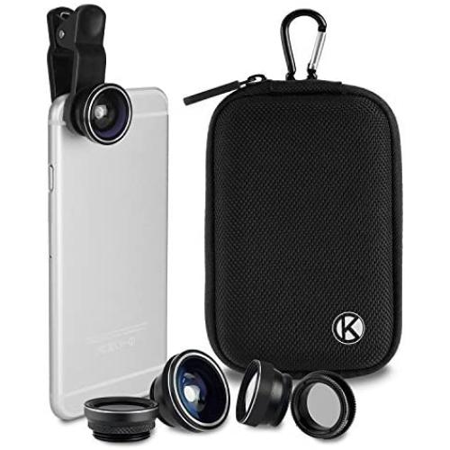 CamKix Deluxe Universal 5in1 Camera Lens Kit for Smartphone, Tablet and Laptop - Fish Eye, 2in1 Macro and Wide Angle, CPL and 2X Tele Lens, Universal Clip, Case with Carabiner and Cleaning Cloth