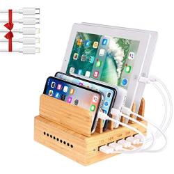 OthoKing Bamboo Charging Station, Wood Charging Station for Multiple Devices with 5 Ports USB Charger Docking Station for iPhone, iPad,Tablet, and Android Cell Phone