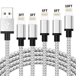 iPhone Charger Lightning Cable, MFi Certified 5Pack 3/3/6/6/10FT Extra Long Nylon Braided USB Charging Cord Data Sync Wire Compatible iPhone 11/Pro/Max/X/XS/XR/XS Max/8/Plus/7/7 Plus/6/6S/6 Plus More