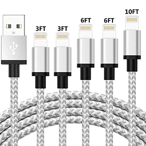 iPhone Charger Lightning Cable, MFi Certified 5Pack 3/3/6/6/10FT Extra Long Nylon Braided USB Charging Cord Data Sync Wire Compatible iPhone 11/Pro/Max/X/XS/XR/XS Max/8/Plus/7/7 Plus/6/6S/6 Plus More