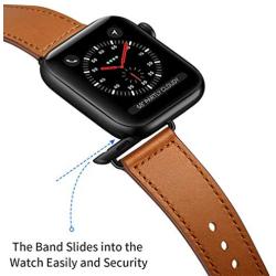 KYISGOS Compatible with iWatch Band 44mm 42mm, Genuine Leather Replacement Band Strap Compatible with Apple Watch Series 5 4 3 2 1 42mm 44mm, Brown Band with Black Adapter