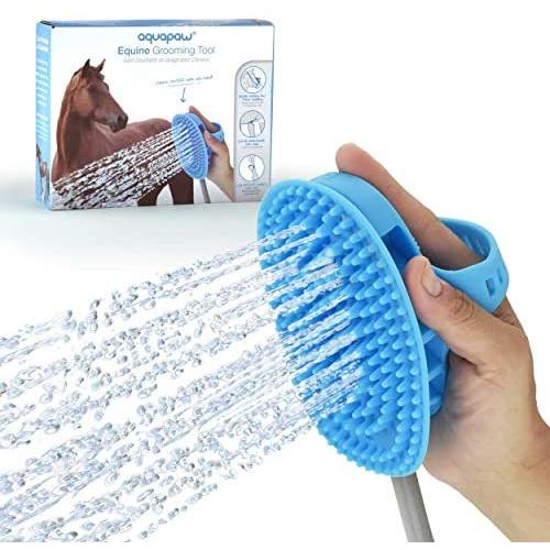 Aquapaw New Equine Grooming Tool - Bath Curry Sprayer and Scrubber in One for Horse, Large Dog, and Livestock Bathing- Garden Hose Adapter Included