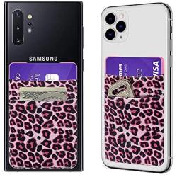 SHANSHUI Card Holder for Back of Phone, 2 Pack Phone Stick On Wallet Pocket Pouch for Credit Card Compatible with iPhone, Samsung Galaxy and Most Smartphones - Rose Red Cheetah