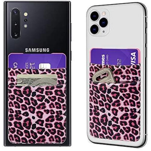 SHANSHUI Card Holder for Back of Phone, 2 Pack Phone Stick On Wallet Pocket Pouch for Credit Card Compatible with iPhone, Samsung Galaxy and Most Smartphones - Rose Red Cheetah