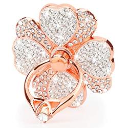 Phone Finger Ring Holder with Bling Crystals, Nsiucion Heart Lucky Clover Phone Ring Kickstand [Washable] [Removable], 360°Rotation Zinc Alloy Ring Grip Stand for Phones and Tablets (Rose Gold)