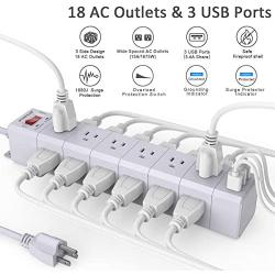 Long Power Strip, POWSAF Surge Protector with 18-Outlet(3-Sided) and 3 USB Ports(5V/3.4A, 17W), 6ft(1875W/15A) Heavy Duty Extension Cord, ETL Listed, White