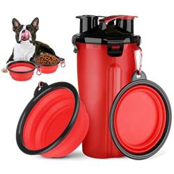 HETH Dog Travel Water Bottle, 2 in 1 Portable Dog Water Dispenser and Food Container with 2 Collapsible Bowls for Your Pets Walking and Traveling