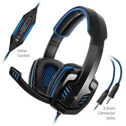 Sentey Gaming Headset Blue Arrow Analog 3.5mm In-line Volume Control & Computer Headset with Microphone Gaming Headphones Headphone Pc, Mac or Laptop, Tablet, Mobile Phones / Headset with Mic Heavy Duty Braided 2 Meters Cable / Leather Padded Ear Pads