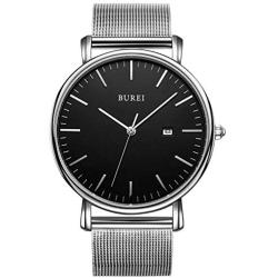 BUREI Mens Fashion Minimalist Wrist Watch Analog Date with Stainless Steel Mesh Band