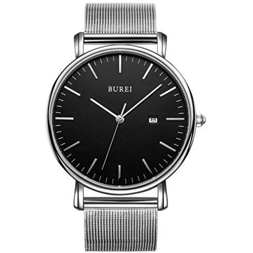 BUREI Mens Fashion Minimalist Wrist Watch Analog Date with Stainless Steel Mesh Band