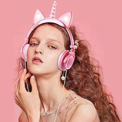 Isightguard Kids Headphones, Unicorn Headphones Wired Headphones,On Ear, Cat Ear Headphones with LED for Girls, 3.5mm Audio Jack for Cell Phone,Pink