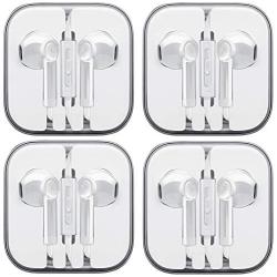 Wired Earbud Headphones with Microphone, Boost+ Premium Earphones Volume Control Slide-Bar with 3.5mm Port for PCs, Tablets, and Cell Phones in The Office, Classroom or Home, White, 4-Pack