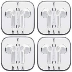 Wired Earbud Headphones with Microphone, Boost+ Premium Earphones Volume Control Slide-Bar with 3.5mm Port for PCs, Tablets, and Cell Phones in The Office, Classroom or Home, White, 4-Pack