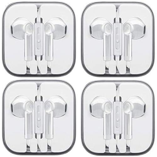 Wired Earbud Headphones with Microphone, Boost+ Premium Earphones Volume Control Slide-Bar with 3.5mm Port for PCs, Tablets, and Cell Phones in The Office, Classroom or Home, White, 4-Pack