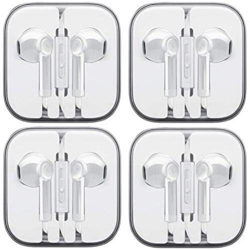 Wired Earbud Headphones with Microphone, Boost+ Premium Earphones Volume Control Slide-Bar with 3.5mm Port for PCs, Tablets, and Cell Phones in The Office, Classroom or Home, White, 4-Pack