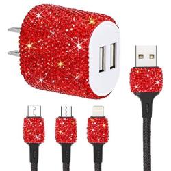 SAVORI Dual USB Wall Charger, Bling Rhinestones Wall Charger Plug Power Adapter with USB 3-in-1 Multi Charging Cable Compatible with iPhone iPad Android Type C Phones (Red)