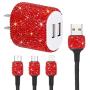 SAVORI Dual USB Wall Charger, Bling Rhinestones Wall Charger Plug Power Adapter with USB 3-in-1 Multi Charging Cable Compatible with iPhone iPad Android Type C Phones (Red)