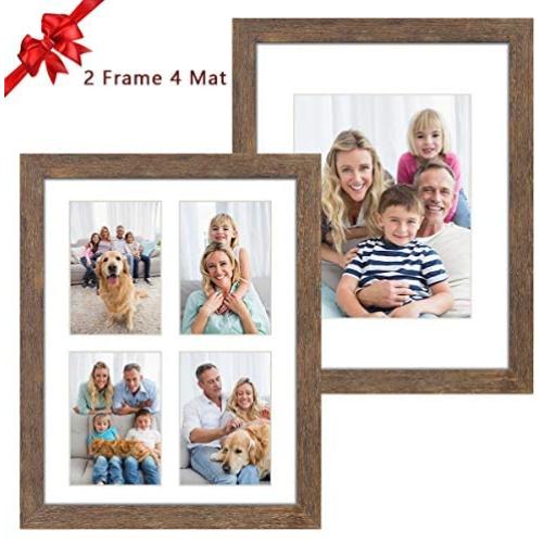 Hap Tim 11x14 Picture Frame Set of 2,Each Rustic Brown Wood Pattern Frame with 2 Mats,Display 8x10 or Four 4x6 Photos with Mat,11x14 Picture Without Mat for Wall Display(CWH-11x14-BR)