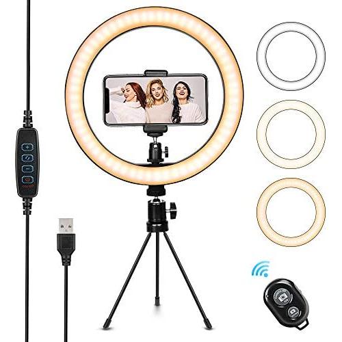 Selfie Ring Light 10.2" with Tripod Stand & Cell Phone Holder,Dimmable Led Camera Beauty Ringlight for Live Stream,Makeup,YouTube Video,Photography, 3 Light Modes and 10 Brightness Levels