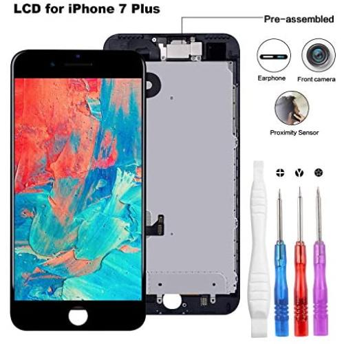 Screen Replacement Compatible for iPhone 7 Plus Black 5.5 Inch, LCD Display 3D Touch Digitizer Full Assembly with Proximity Sensor + Front Facing Camera + Earpiece Speaker + Repair Tools Kit