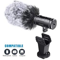 Smartphone Microphone, Camera Microphone with Aluminum Body, Video Microphone with Real-time Monitoring, Furry Windscreen, for Canon, Sony, Nikon, DSLR Camera/DV (Not for Canon T5i,T6)