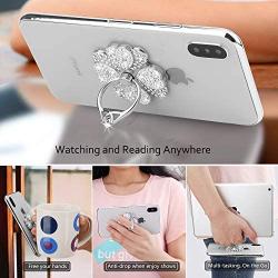 Phone Finger Ring Stand with Sparkly Diamond, Nsiucion Heart Lucky Clover Phone Ring Kickstand Holder [Washable] [Removable], 360°Rotation Zinc Alloy Ring Grip Stand for All Phones (Silver)