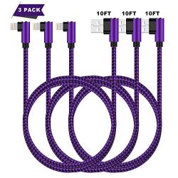 iPhone Charger Cable,3Pack 10FT Long Nylon Braided 90 Degree Lightning Gaming Cable USB Charging&Syncing Cord Compatible for iPhone Xs/Max/XR/X/8/8Plus/7/7Plus/6S/6S Plus/SE/iPad Purple