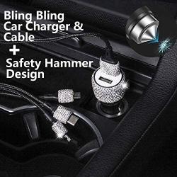 Bling USB Car Charger 5V/2.1A White Crystal Decoration Dual Port Fast Adapter with 3.9ft Nylon Type C/Micro USB 3-in-1 Multi Charging Cable for iPhone iPad Android, Car Interior Accessories for Women