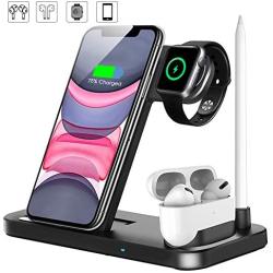 Wireless Charger, QI-EU 4 in 1 Qi-Certified Fast Charging Station Compatible Apple Watch Airpods Pro iPhone 11/11pro/X/XS/XR/Xs Max/8/8 Plus, Wireless Charging Stand Compatible Samsung Galaxy S20/S10