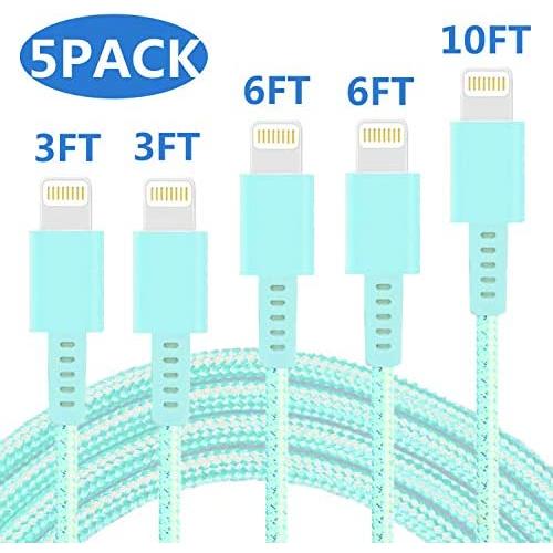 iPhone Charger Cables Sharllen iPhone Cords 5 Pack 3/3/6/6/10FT Nylon Braided iPhone Lightning Cable Fast USB Charging Cable Long Cord Compatible iPhone11/Xs/Max/XR/X/8/8P/7/6/5/iPad/iPod Green