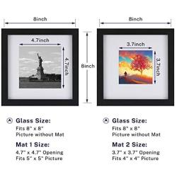 ONE WALL Tempered Glass 1PCS 8x8 Picture Frame with Mats for 5x5, 4x4 Photo, Black Wood Frame for Wall and Tabletop - Mounting Hardware Included