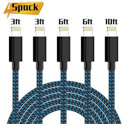 PLmuzsz MFi Certified iPhone Charger Lightning Cable 5 Pack High Speed Nylon Braided USB Fast Charging&Data Syncs Cord Compatible iPhone Xs/Max/XR/X/8/8Plus/7/7Plus/6S/6S Plus/SE/iPad/Nan (Black&Blue)