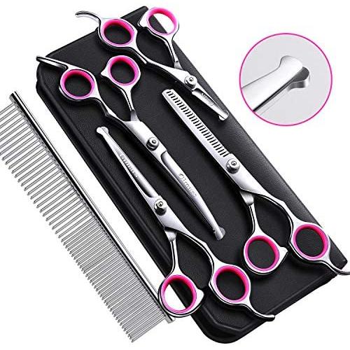 Gimars 4CR Stainless Steel Dog Grooming Scissors Kit with Safety Round Tip, Heavy Duty Titanium Coated Pet Grooming Trimmer Kit - Thinning, Straight, Curved Shears Comb for Long Short Hair for Cat Pet