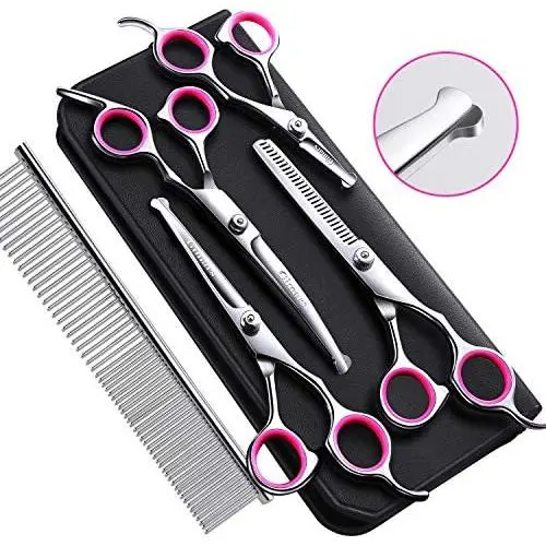 Gimars 4CR Stainless Steel Dog Grooming Scissors Kit with Safety Round Tip, Heavy Duty Titanium Coated Pet Grooming Trimmer Kit - Thinning, Straight, Curved Shears Comb for Long Short Hair for Cat Pet Gimars 4CR Stainless Steel Dog Grooming Scissors Kit with Safety Round Tip, Heavy Duty Titanium Coated Pet Grooming Trimmer Kit - Thinning, Straight, Curved Shears Comb for Long Short Hair for Cat Pet