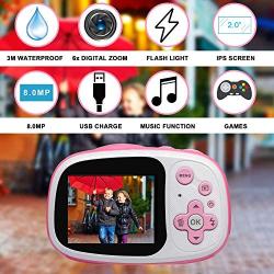 Kids Camera,8MP HD Kids Waterproof Camera Mini Gift Digital Camera for Kids Support MP3MP4 with 2.0 Inch IPS HD Screen,Puzzle Game,USB Rechargeable Kid Outdoor Camera for Boy Girls Gift(Pink)