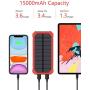 Portable Charger Power Bank 15000mAh, Elzle Solar Charger, Solar Power Bank Battery Pack, High-Speed Charging Solar Phone Charger for iPhone, Samsung and More. (Red)