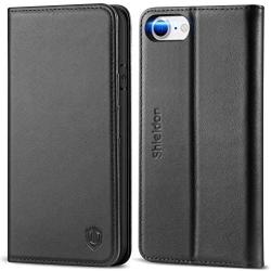 SHIELDON iPhone SE 2020 Case, iPhone 8 Wallet Case Genuine Leather [Card Holder] Magnetic Closure Stand Flip Book Cover Shockproof Protection Case Compatible with iPhone SE2/8/7 (4.7") - Black