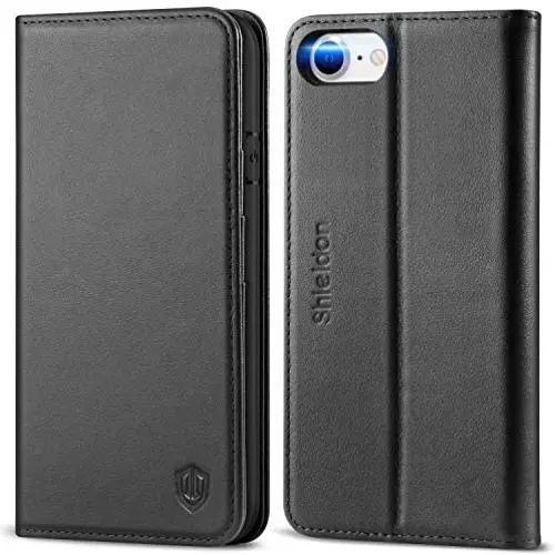 SHIELDON iPhone SE 2020 Case, iPhone 8 Wallet Case Genuine Leather [Card Holder] Magnetic Closure Stand Flip Book Cover Shockproof Protection Case Compatible with iPhone SE2/8/7 (4.7&quot) - Black
