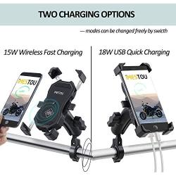 iMESTOU Motorcycle Phone Holder Wireless Charger qi USB Quick Charging 2 in 1 Handlebar Cellphone Mount Waterproof Double Ball 720 Rotation Safe for iPhone Samsung 3.5-6.5 Inch Smartphones