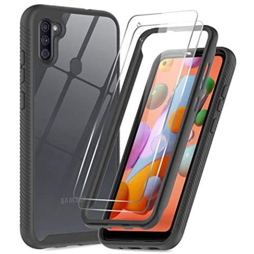 Samsung A11 Case, Samsung Galaxy A11 Case with 2 PCS Tempered Glass Screen Protector, LeYi Full-Body Protective Rugged Hybrid Bumper Shockproof Clear Phone Cover Cases for Galaxy A11, Black