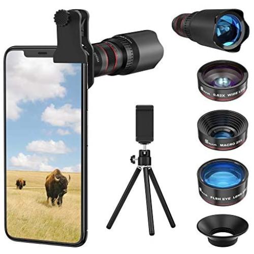 Selvim Phone Camera Lens Phone Lens Kit 4 in 1, 22X Telephoto Lens, 235° Fisheye Lens, 0.62X Wide Angle Lens, 25X Macro Lens, Compatible with iPhone 10 8 7 6 6s Plus X XS XR Samsung - Black