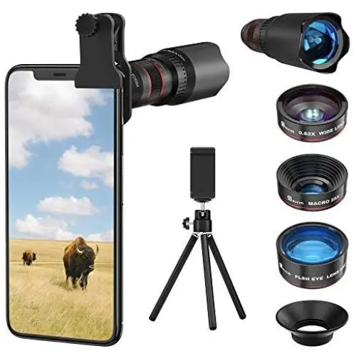Selvim Phone Camera Lens Phone Lens Kit 4 in 1, 22X Telephoto Lens, 235° Fisheye Lens, 0.62X Wide Angle Lens, 25X Macro Lens, Compatible with iPhone 10 8 7 6 6s Plus X XS XR Samsung - Black