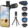 Selvim Phone Camera Lens Phone Lens Kit 4 in 1, 22X Telephoto Lens, 235° Fisheye Lens, 0.62X Wide Angle Lens, 25X Macro Lens, Compatible with iPhone 10 8 7 6 6s Plus X XS XR Samsung - Black
