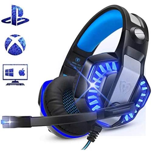 ENVEL Gaming Headset for PS4 with Mic,PC,Xbox One,Laptop,Surround Sound Over Ear Noise Cancelling Headphone with LED Lights Volume Control for Smartphone,Computer,Nintendo Switch(Black&Blue)