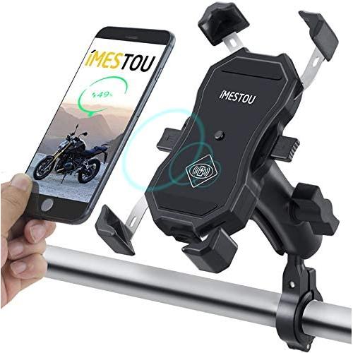 iMESTOU Motorcycle Phone Holder Wireless Charger qi USB Quick Charging 2 in 1 Handlebar Cellphone Mount Waterproof Double Ball 720 Rotation Safe for iPhone Samsung 3.5-6.5 Inch Smartphones