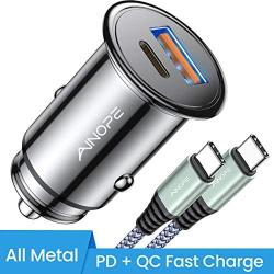 USB C Car Charger Super Mini AINOPE All Metal 36W Fast USB Car Charger PD&QC 3.0 Dual Port Car Adapter Fit Compatible with iPhone 11/11 Pro/11 Pro Max/XS, Samsung Note 10/S10, Google Pixel 3/2/XL