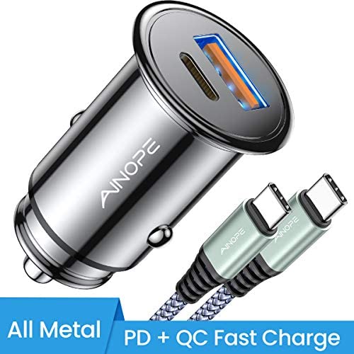 USB C Car Charger Super Mini AINOPE All Metal 36W Fast USB Car Charger PD&QC 3.0 Dual Port Car Adapter Fit Compatible with iPhone 11/11 Pro/11 Pro Max/XS, Samsung Note 10/S10, Google Pixel 3/2/XL